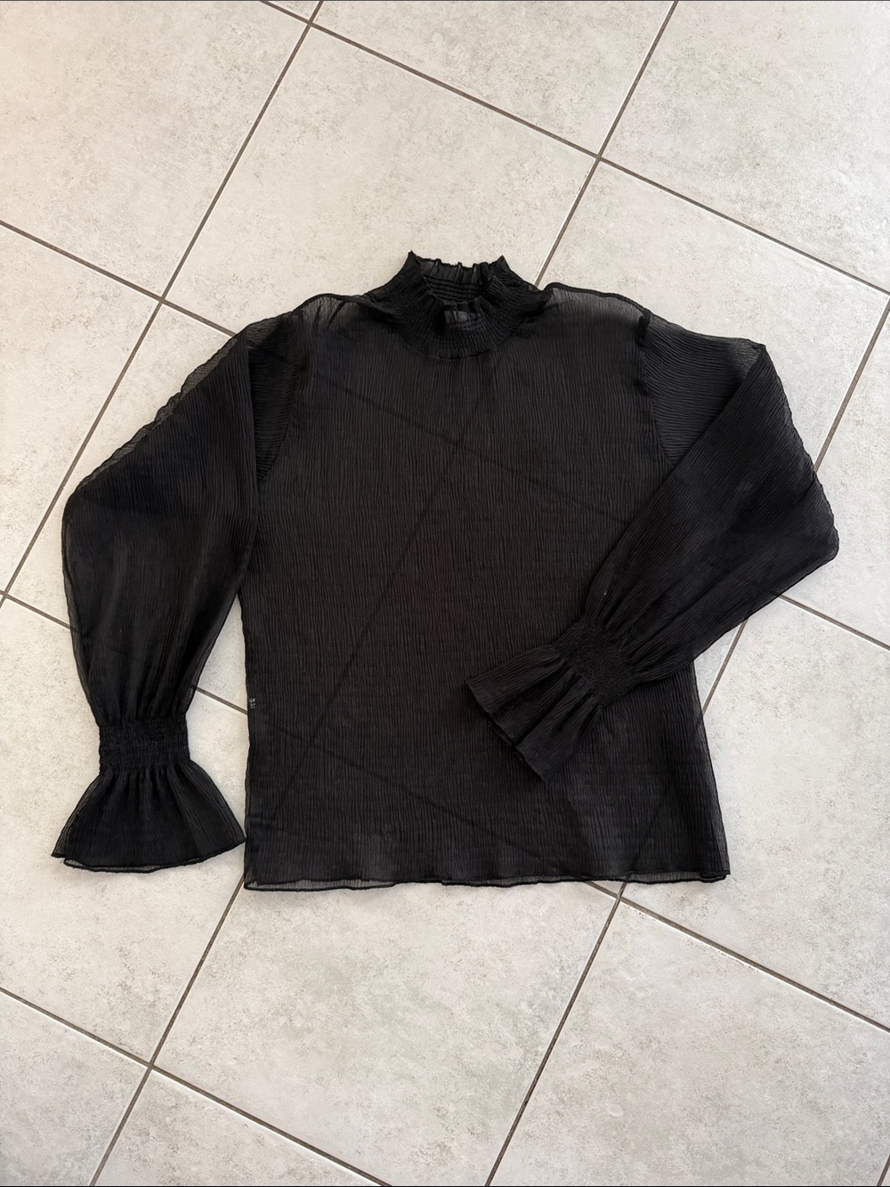 Oak & Fort Black Ruffle-Neck Long Sleeve Mesh Top